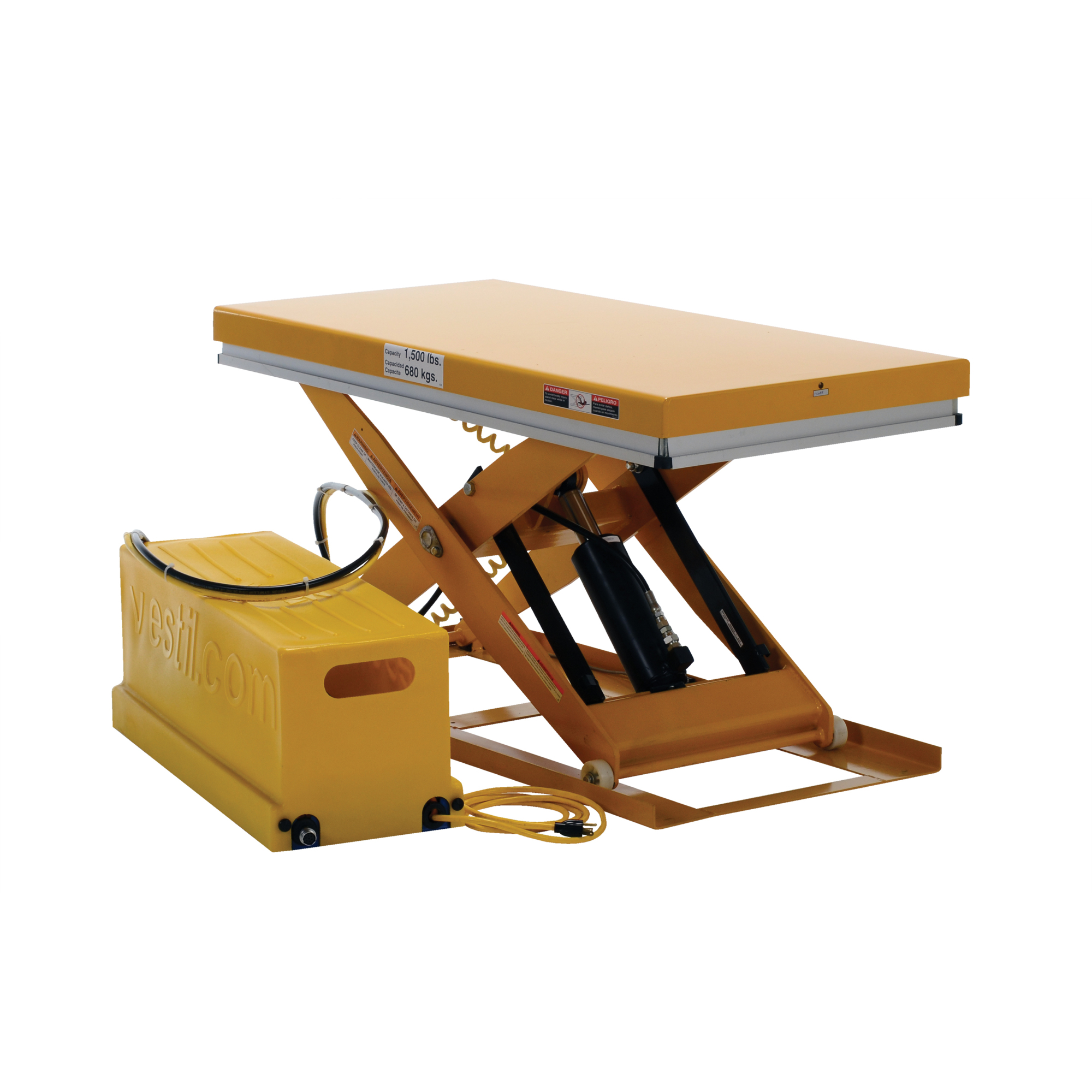 Vestil Steel Work Station Electric Hydraulic Scissor Table 24 In. x 48 In. 1500 Lb. Capacity Yellow